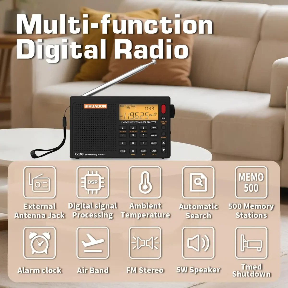 XHDATA R108 Portable Radio AM/FM/SW/LW/Airband Receiver | DSP Chip, 500 Memories, Type-C USB - view 4