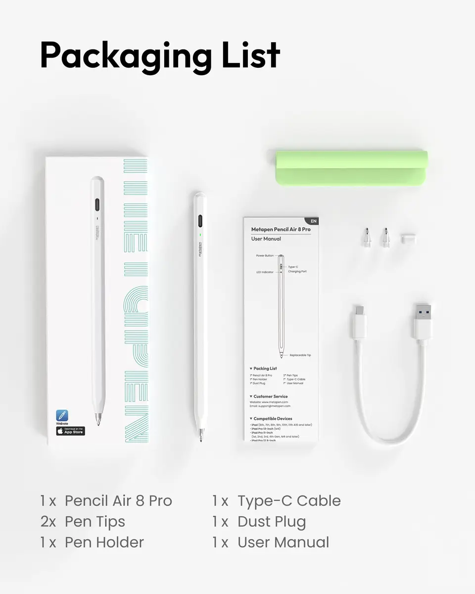Metapen Pencil Air8 Pro Stylus for iPad 2018-2026, 10g Ultra-Light, 20H Battery, USB-C Fast Charge, Palm Rejection, Ivory - view 9