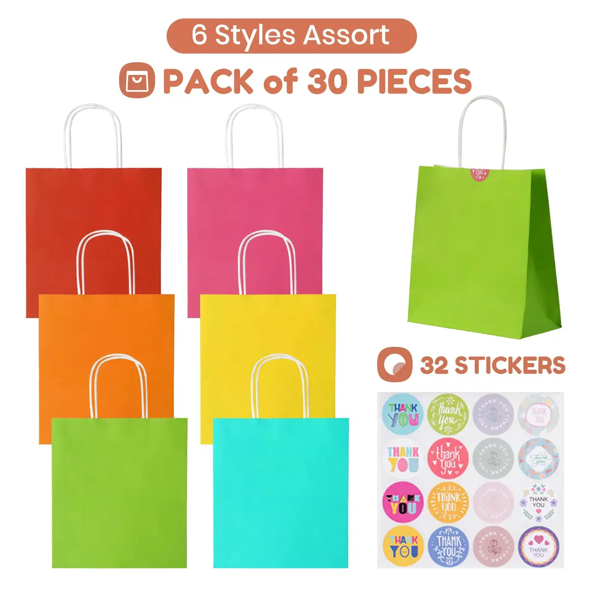 Parmedu Small Paper Gift Bags with Handles, 6 Colors, 30 Pack | Eco-Friendly, Durable & Vibrant Gift Bags for All Occasions - view 3