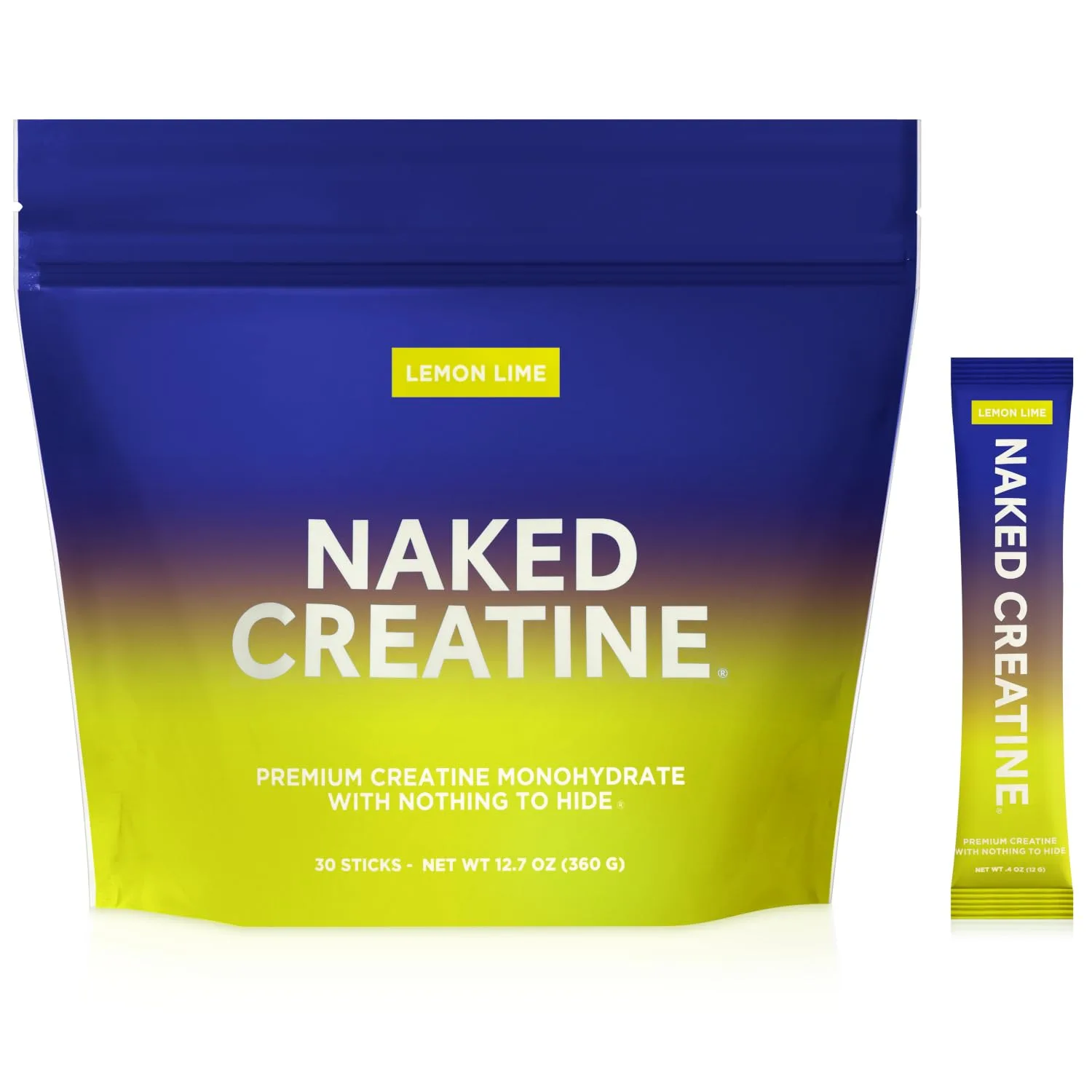 NAKED Pure Micronized Lemon Lime Creatine Monohydrate Stick Packs, Vegan, Non-GMO, Gluten Free, Soy Free, 30 Stick Packs - main product image