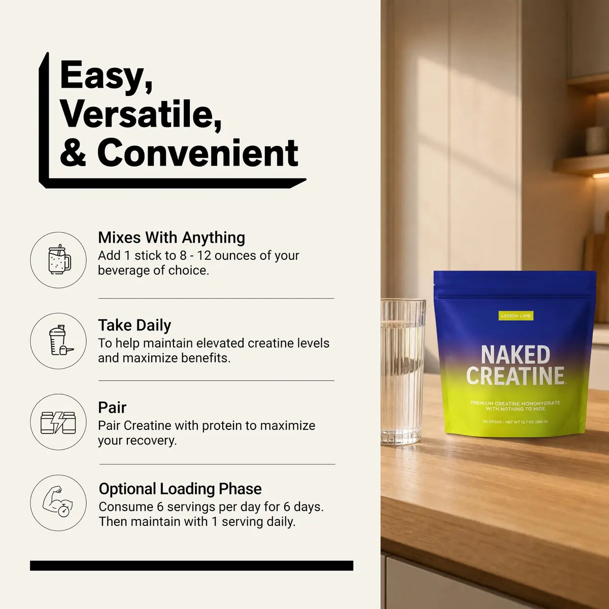 NAKED Pure Micronized Lemon Lime Creatine Monohydrate Stick Packs 30 Servings (12.7 oz) | Vegan, Gluten-Free, No Additives - view 6