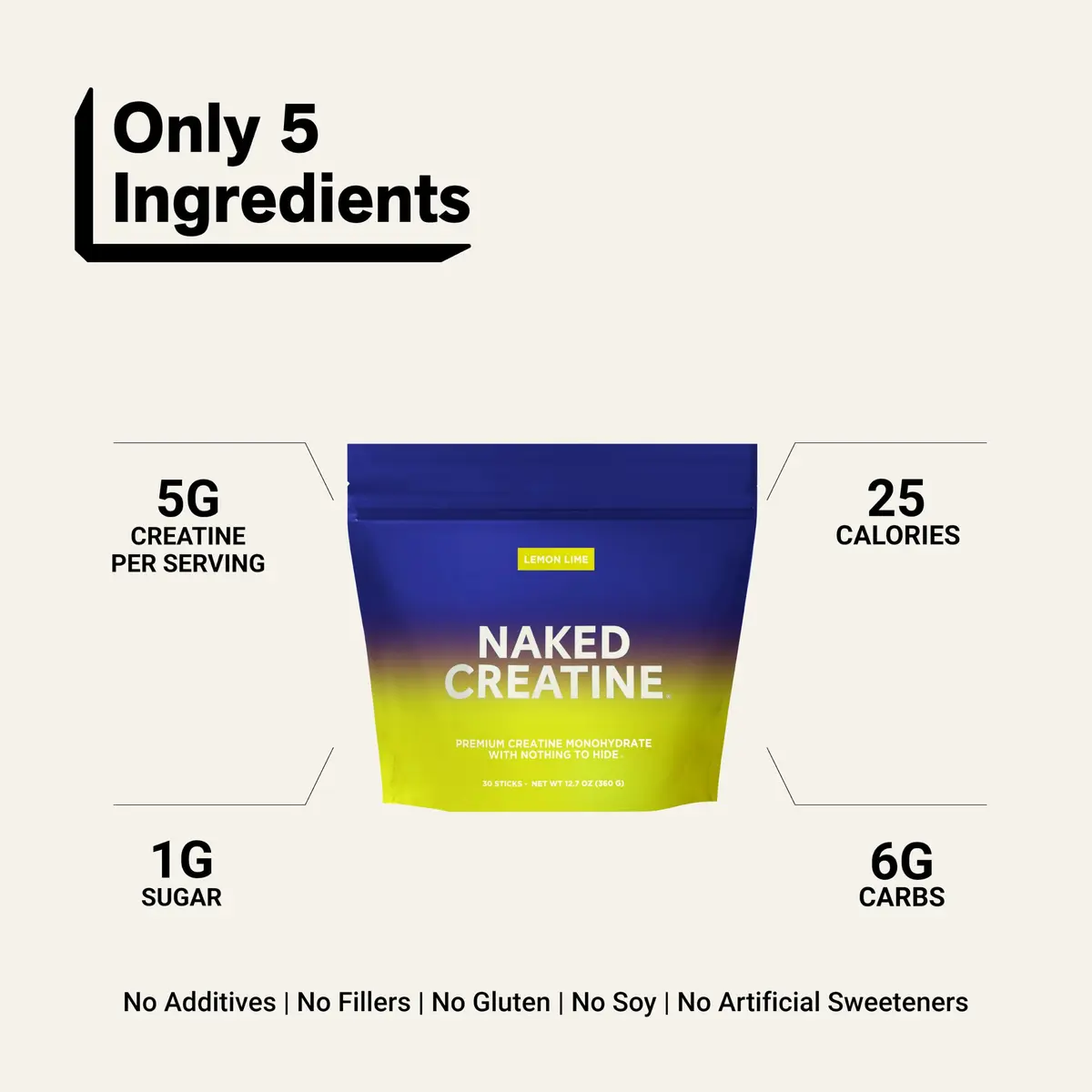 NAKED Pure Micronized Lemon Lime Creatine Monohydrate Stick Packs 30 Servings (12.7 oz) | Vegan, Gluten-Free, No Additives - view 3