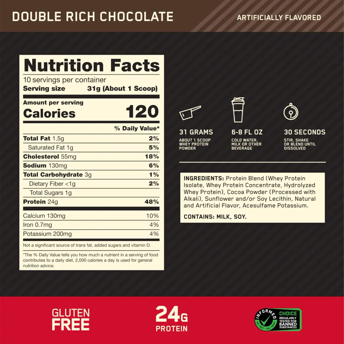 Optimum Nutrition Gold Standard 100% Whey Protein Powder Double Rich Chocolate 204g (0.68lb) | Banned Substance Tested - view 3