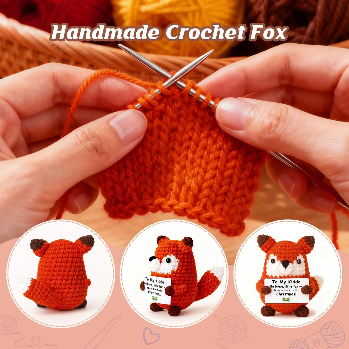 WEYON Mini Crochet Fox Plush with Pun Card 8-10cm (0.26-0.33 ft) | Cute Woodland Kawaii Decor - view 3