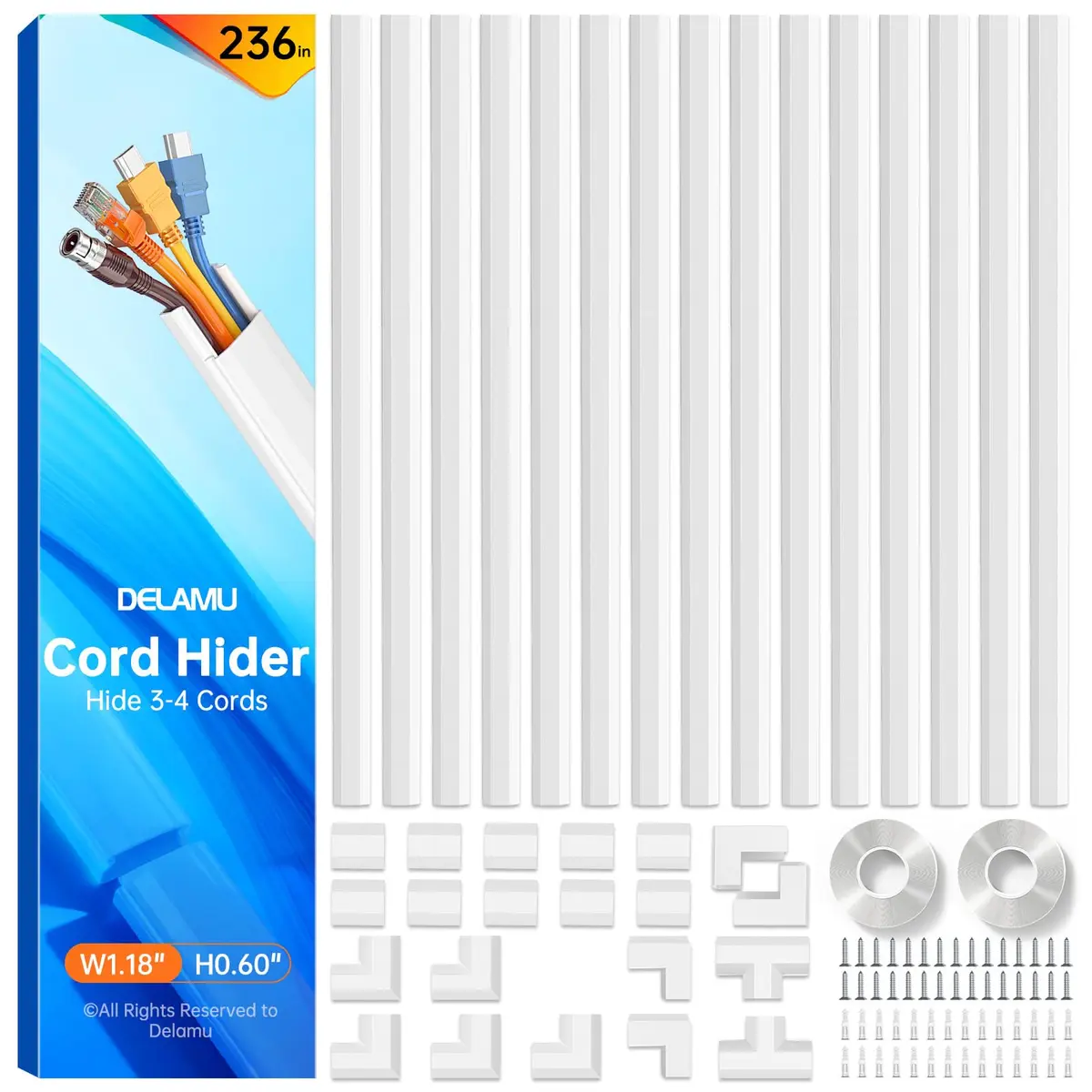 Delamu Cord Hider 236in (600cm) White | UL94 V-0 Rated Cable Management for 3-4 Wires on Wall - main product image