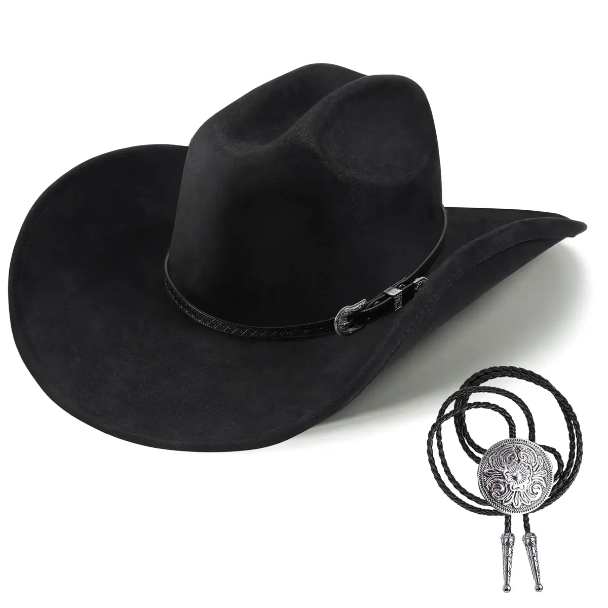 Foeran Western Cowboy Hat for Men Women Wide Brim Felt Fedora with Bolo Tie | Classic Cowgirl & Cowboy Style - main product image