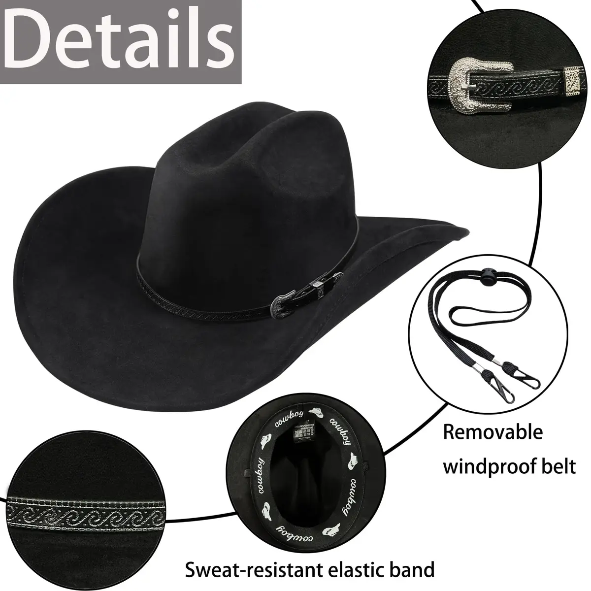 Foeran Western Cowboy Hat for Men Women Wide Brim Felt Fedora with Bolo Tie | Classic Cowgirl & Cowboy Style - view 2