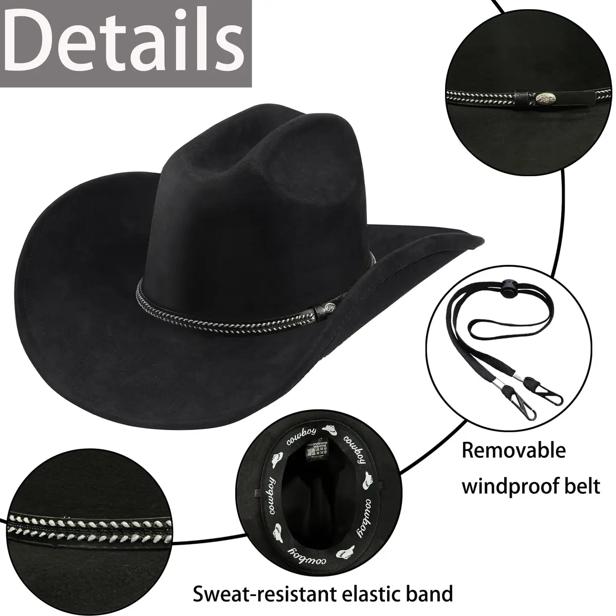 Foeran Classic Western Suede Cowboy Hat for Men & Women | Wide Brim Felt Fedora Cowgirl Hat (Alpha, Large, X-Large, Black) - view 2
