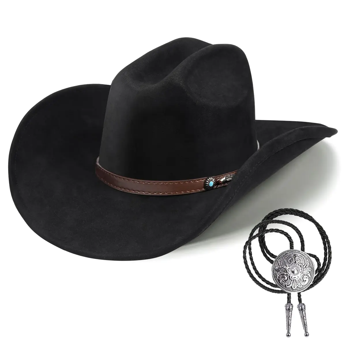 Foeran Classic Western Suede Cowboy Hat for Men & Women | Wide Brim Felt Fedora Cowgirl Hat (Alpha, Large, X-Large, Black-D) - main product image