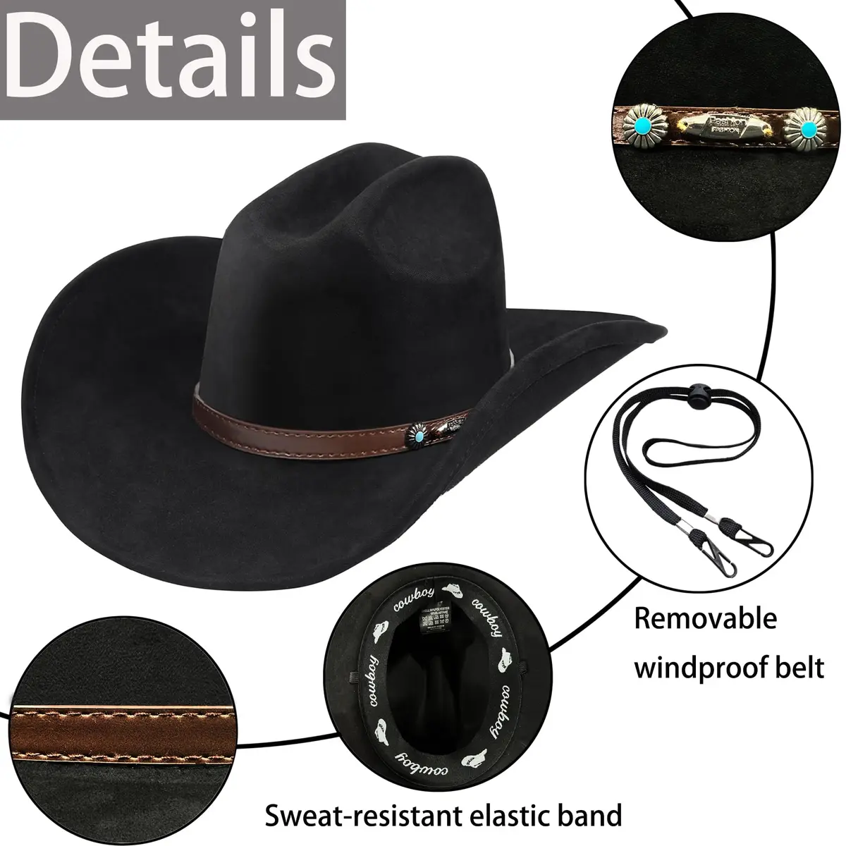 Foeran Classic Western Suede Cowboy Hat for Men & Women | Wide Brim Felt Fedora Cowgirl Hat (Alpha, Large, X-Large, Black-D) - view 2