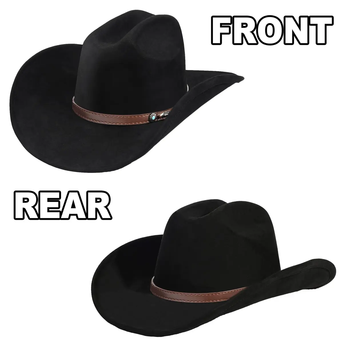 Foeran Classic Western Suede Cowboy Hat for Men & Women | Wide Brim Felt Fedora Cowgirl Hat (Alpha, Large, X-Large, Black-D) - view 3