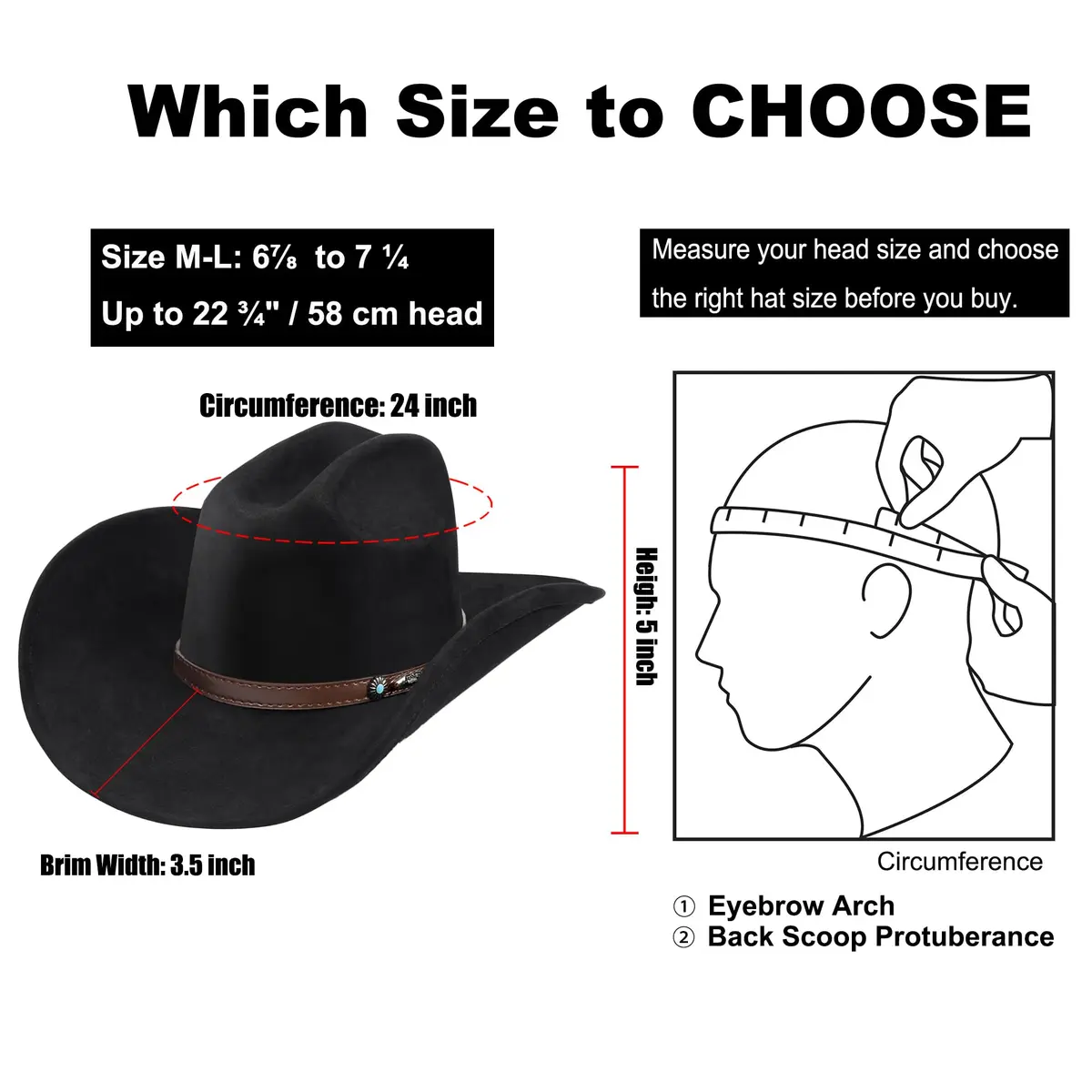 Foeran Classic Western Suede Cowboy Hat for Men & Women | Wide Brim Felt Fedora Cowgirl Hat (Alpha, Large, X-Large, Black-D) - view 4