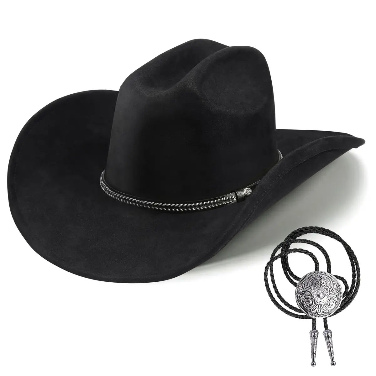 Foeran Classic Western Suede Cowboy Hat for Men & Women | Wide Brim Felt Fedora Cowgirl Hat (US, Alpha, Medium, Large, Black-B) - main product image