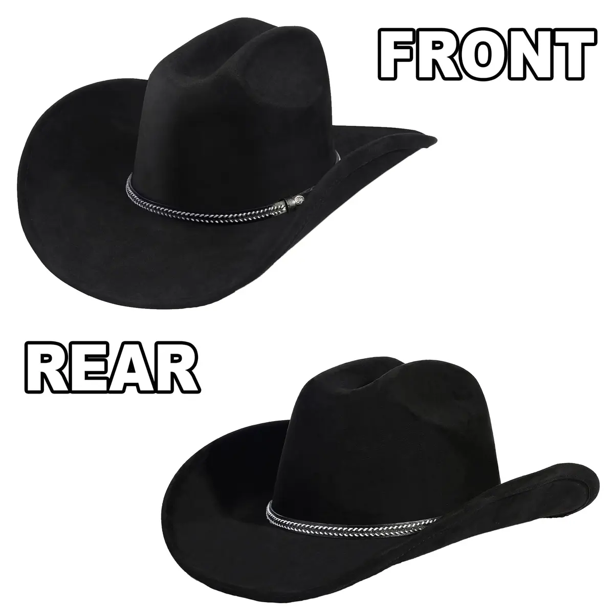 Foeran Classic Western Suede Cowboy Hat for Men & Women | Wide Brim Felt Fedora Cowgirl Hat (US, Alpha, Medium, Large, Black-B) - view 3