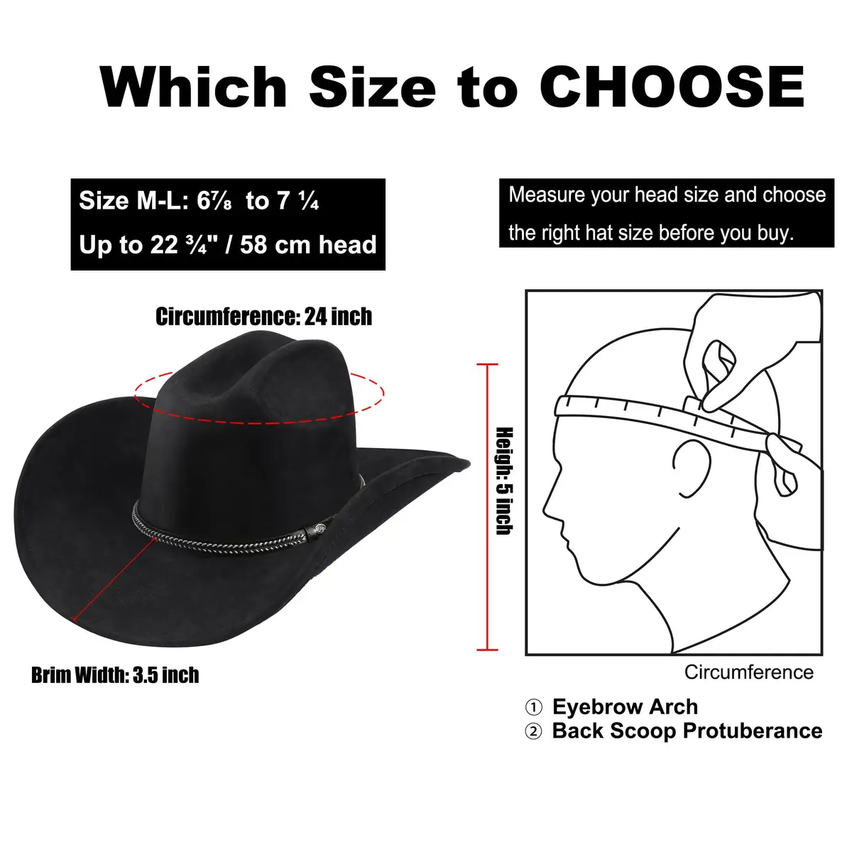 Foeran Classic Western Suede Cowboy Hat for Men & Women | Wide Brim Felt Fedora Cowgirl Hat (US, Alpha, Medium, Large, Black-B) - view 4