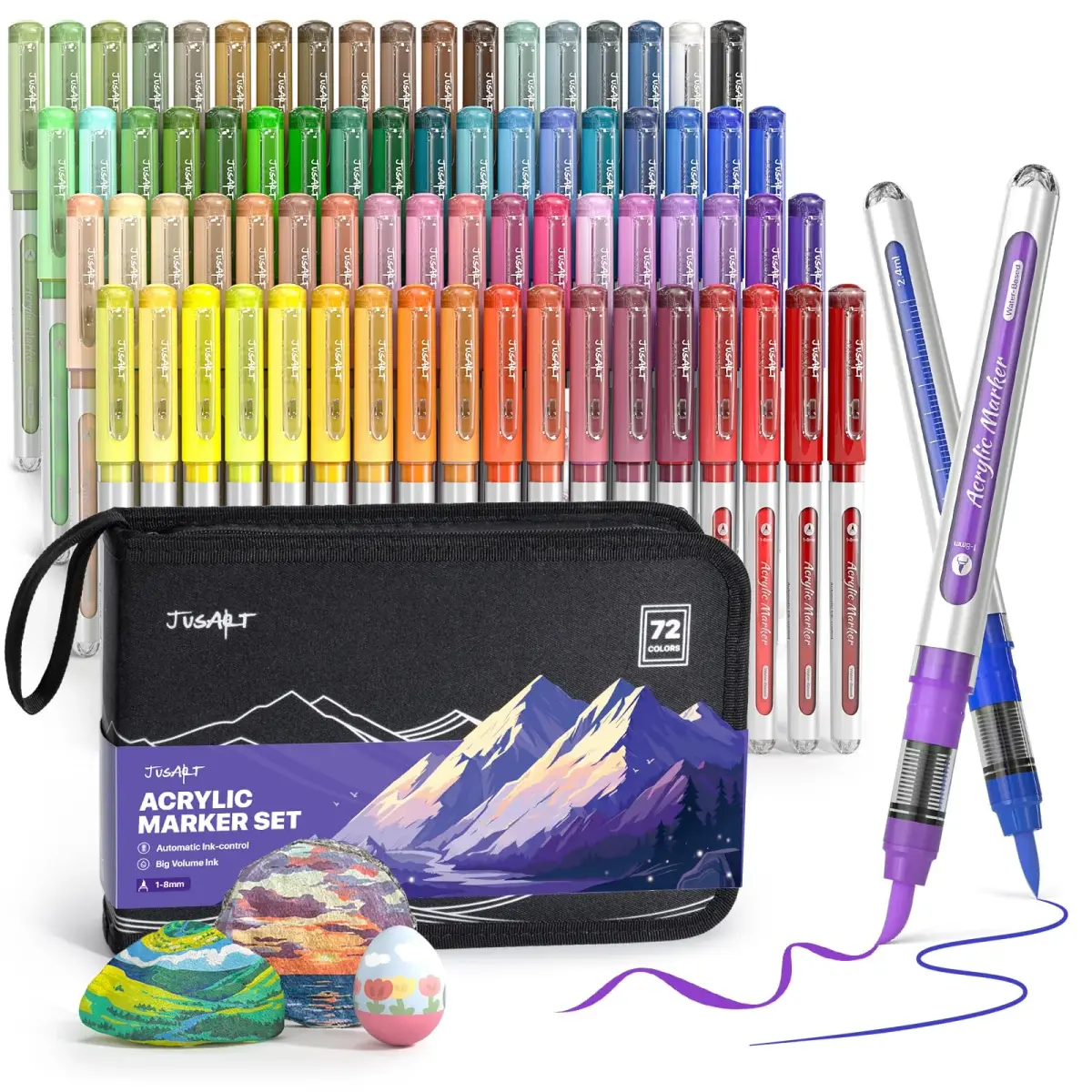 JusArt 72 Colors Acrylic Paint Markers Brush Tip, Automatic Ink Control, 1-8mm Line Size | ASTM D4236 Certified - main product image