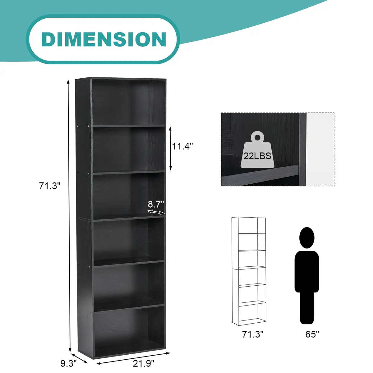 OneBlis 6-Tier Book Shelf 71" Tall | Durable Wooden Display with Anti-Tip (70-120 chars) - view 3
