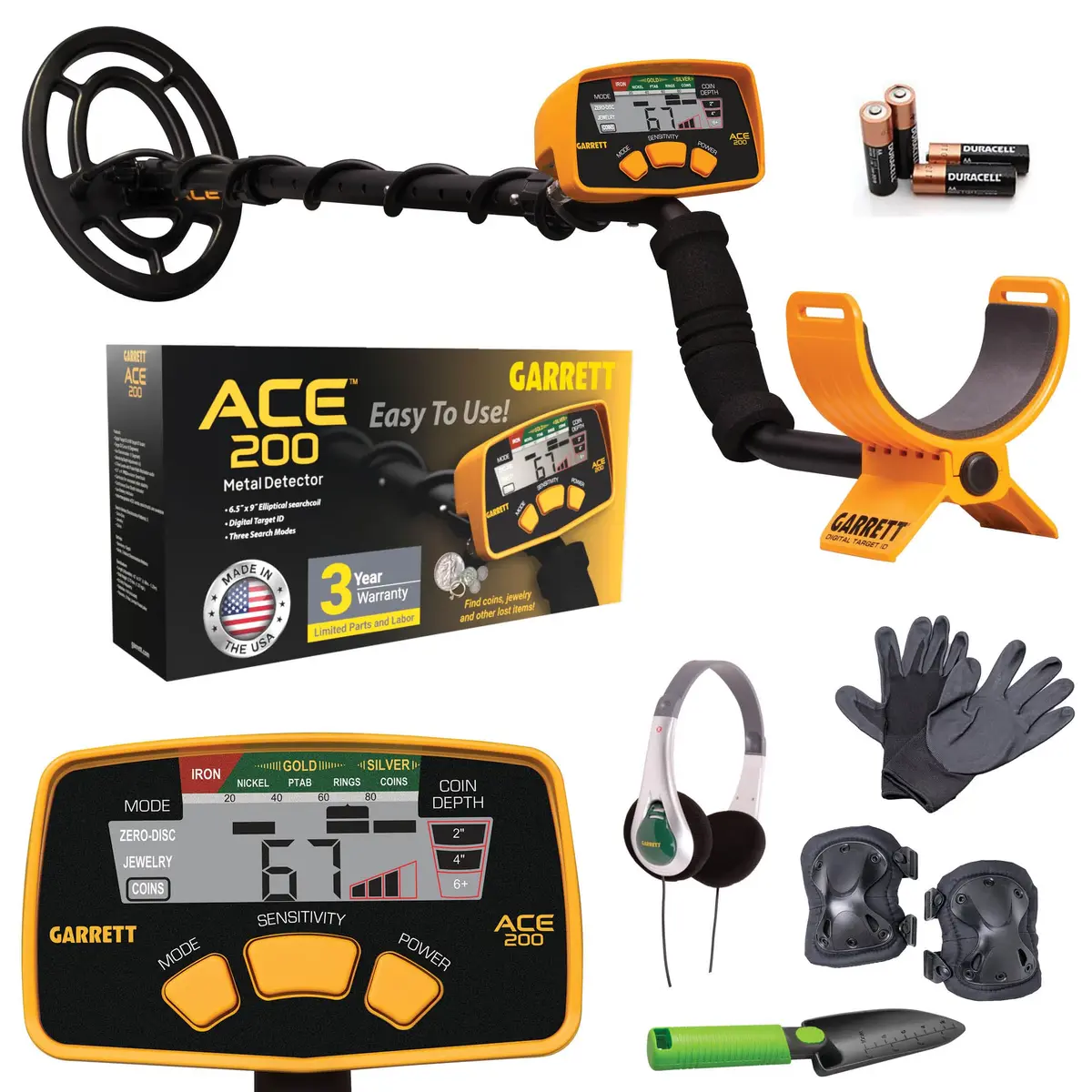 Garrett ACE 200 Metal Detector Starter Bundle Kit with Accessories | Lightweight, Waterproof Coil & 3-Year USA Warranty - main product image