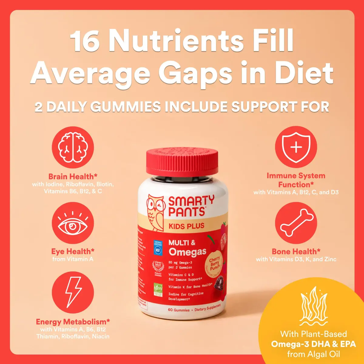 SmartyPants Kids Multivitamin Gummies with Omega 3 DHA/EPA, Vitamins D3, C, B12, B6, A, K, and Zinc, Gluten Free, Cherry Berry Flavor, 60 Gummies (30 Day Supply) | Supports Growth & Immunity - view 4