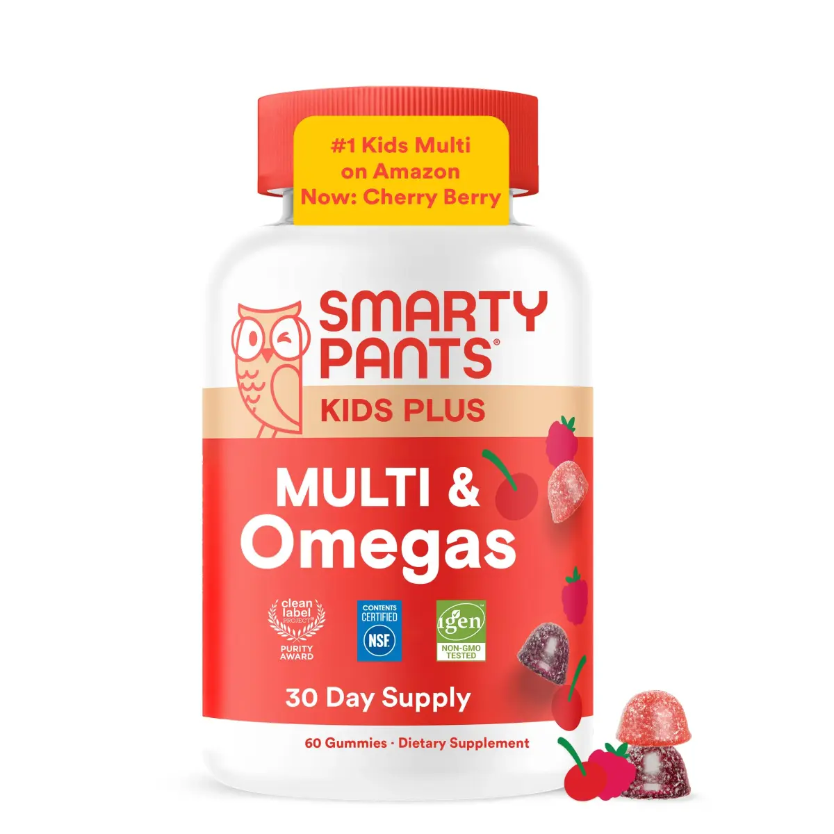 SmartyPants Kids Multivitamin Gummies with Omega 3 DHA/EPA, Vitamins D3, C, B12, B6, A, K, and Zinc, Gluten Free, Cherry Berry Flavor, 60 Gummies (30 Day Supply) | Supports Growth & Immunity - main product image