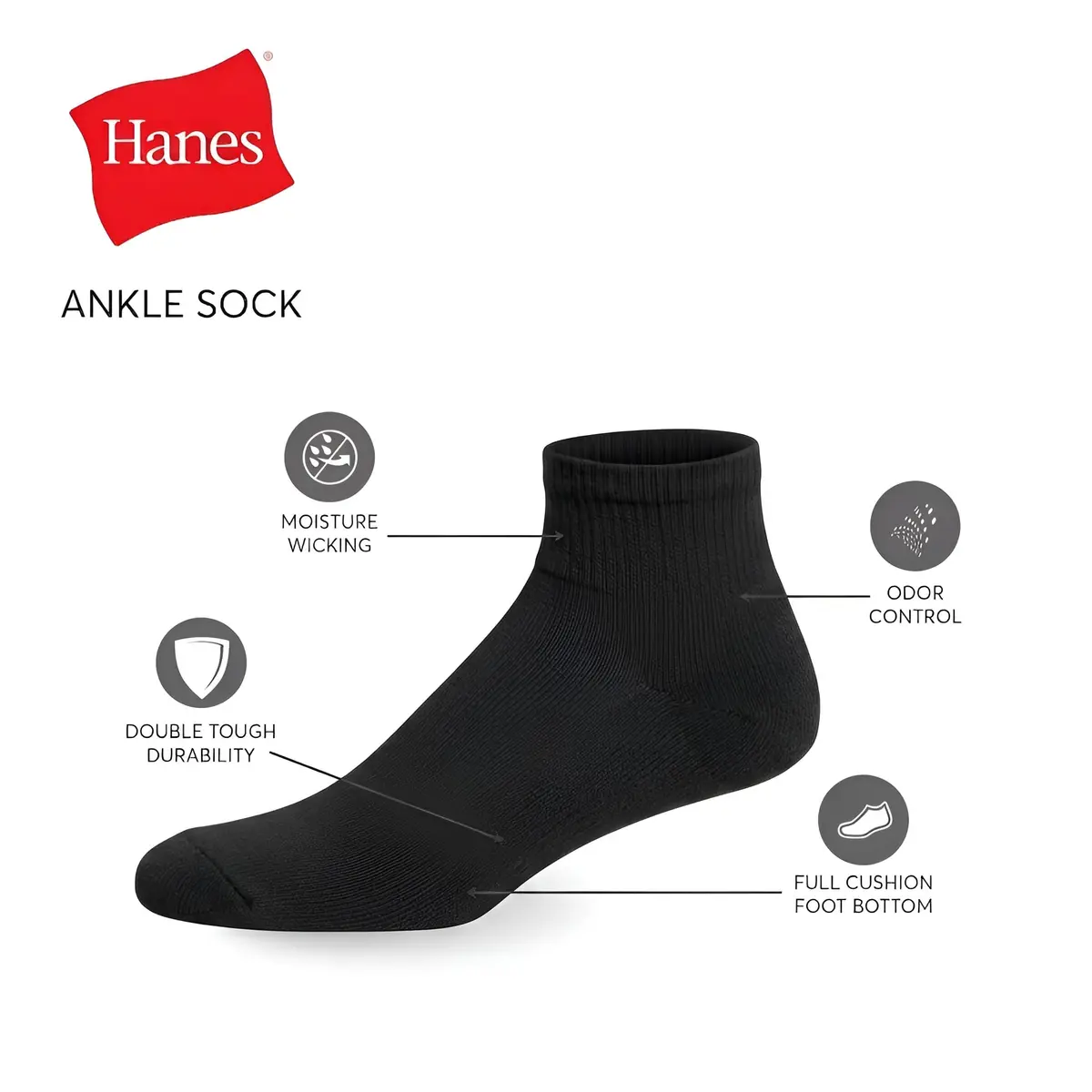 Hanes Double Tough Ankle Socks Moisture Wicking Socks 14 Pack | Durable, Cushioned & Odor-Free (70-120 chars) - view 4