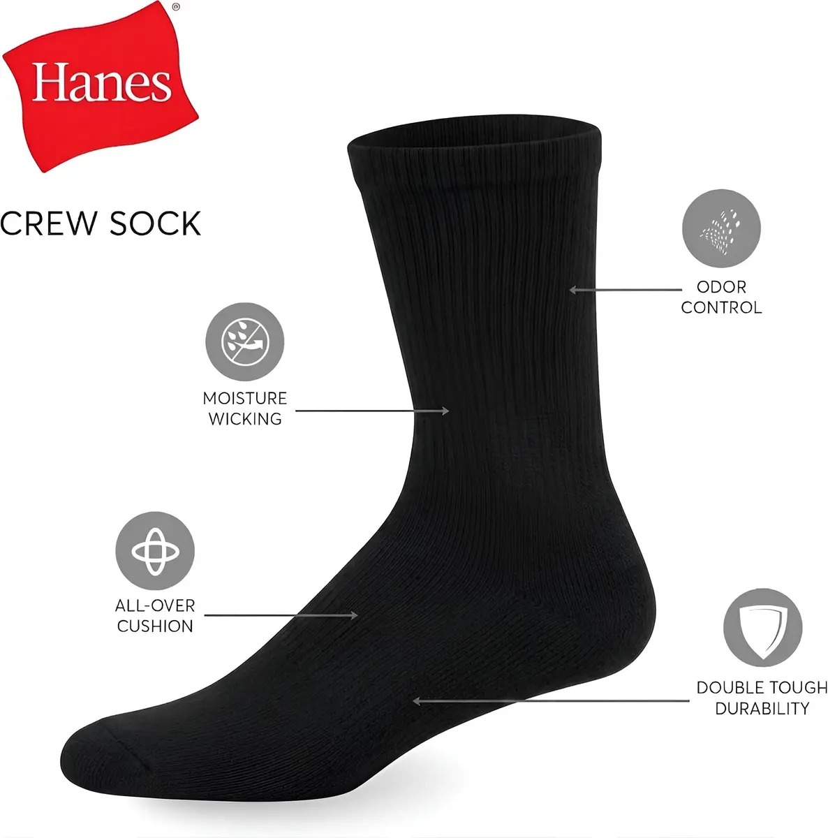 Hanes Double Tough Crew Socks Moisture Wicking, 14-Pack, Men's Shoe Sizes 12-14 - view 5