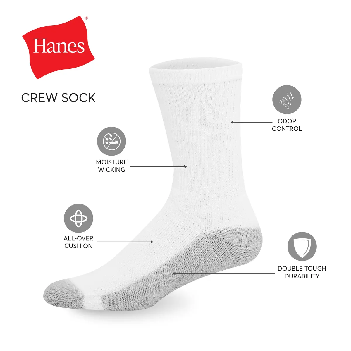 Hanes Double Tough Crew Socks 14-Pack | Moisture Wicking, Cushioned, Odor-Fighting - view 5