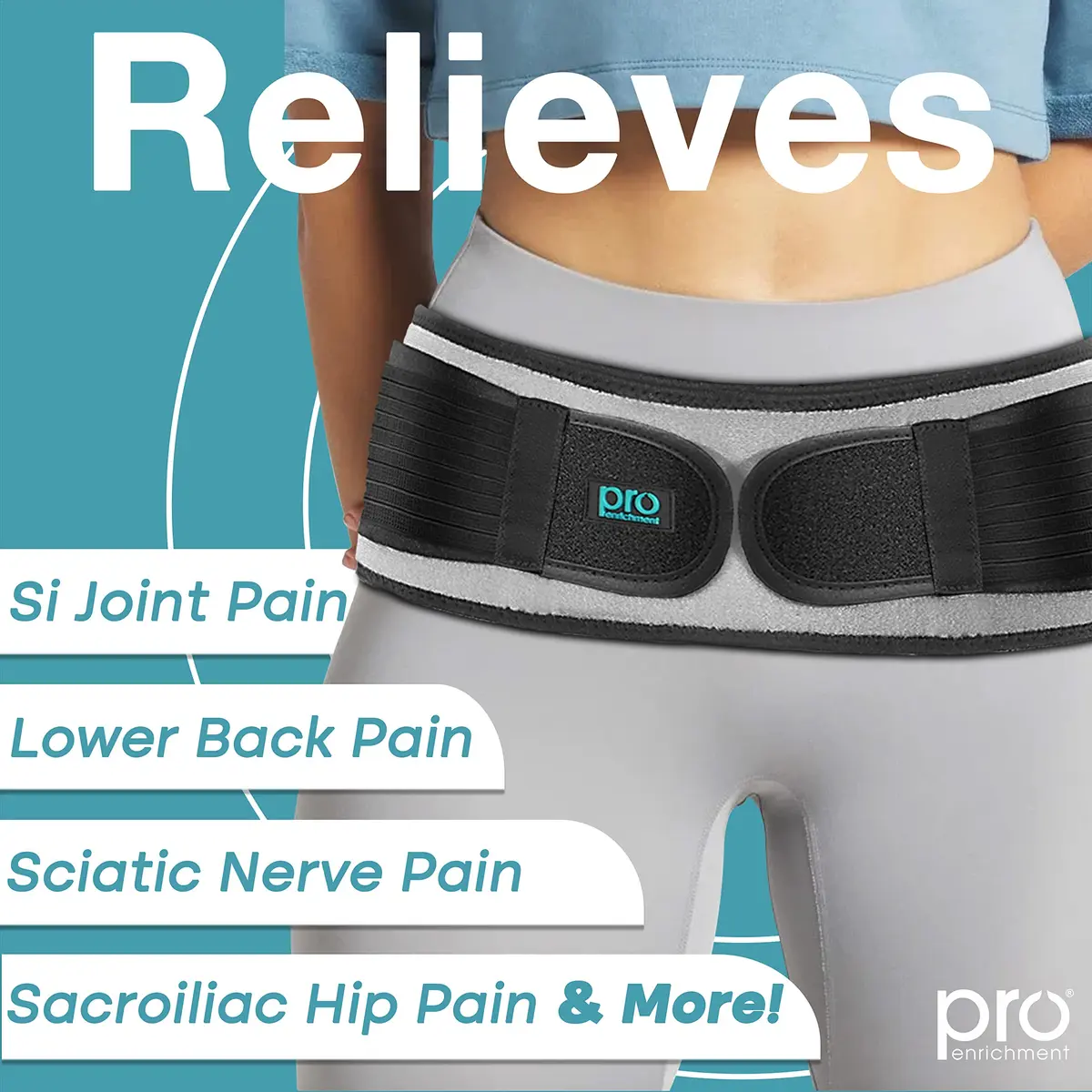 Pro Enrichment SI Joint Hip Belt for Women & Men - Gray, Regular (44 inch / 111.76 cm Belt Length, 4 inch / 10.16 cm Belt Width) | USA Patented Support for Hip & Lower Back Pain - view 2