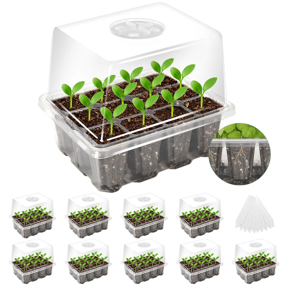 MIXC 10 Pack Seed Starter Tray with Elevated Dome, 120 Cells | 18.2cm (7.17in) x 15.7cm (6.18in) x 13cm (5.12in) - main product image