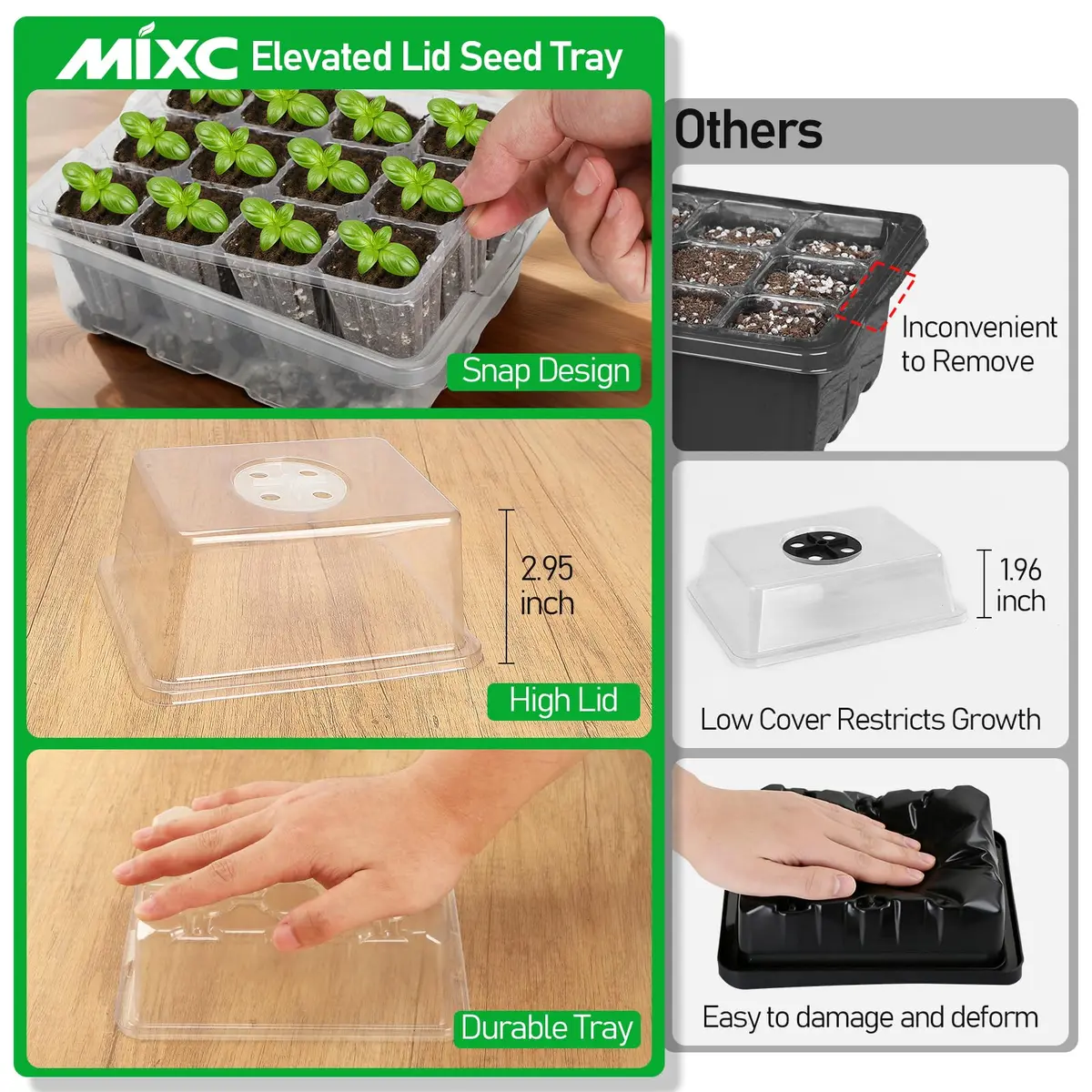 MIXC 10 Pack Seed Starter Tray with Elevated Dome, 120 Cells | 18.2cm (7.17in) x 15.7cm (6.18in) x 13cm (5.12in) - view 4