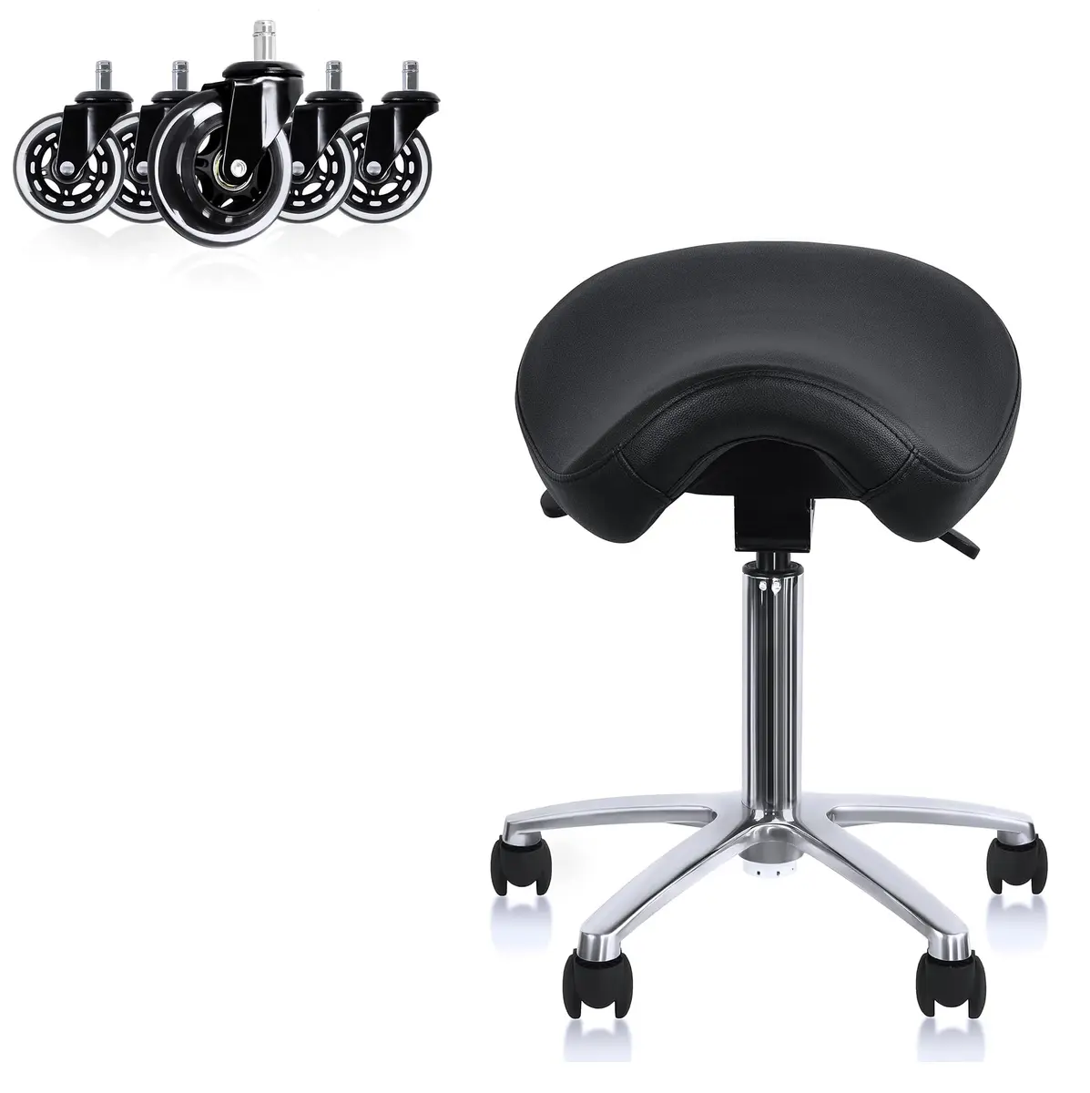 2xhome Ergonomic Saddle Stool | Backless Rolling Office Chair with Adjustable Height & Tilt, PU Leather, Foam Padding, Black with Wheels - main product image