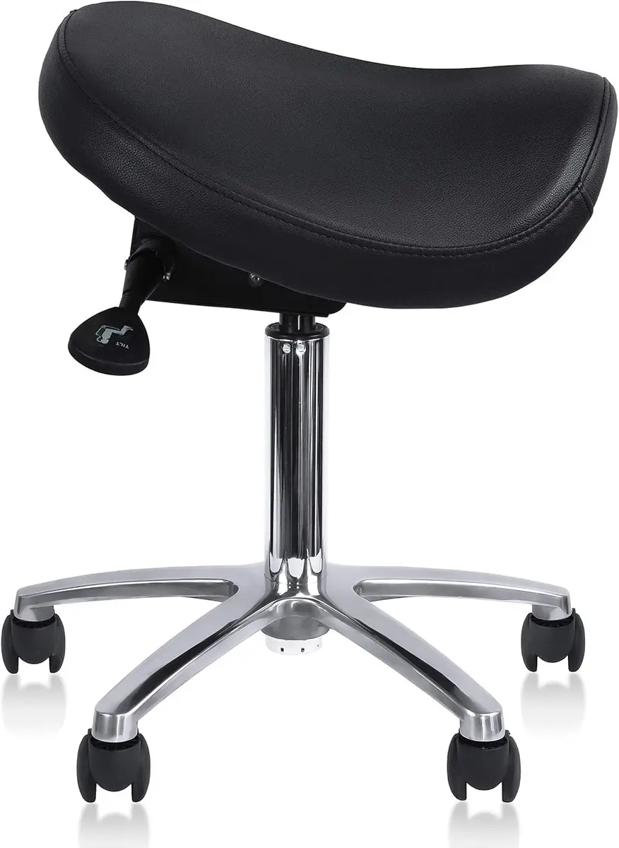 2xhome Ergonomic Saddle Stool | Backless Rolling Office Chair with Adjustable Height & Tilt, PU Leather, Foam Padding, Black with Wheels - view 6