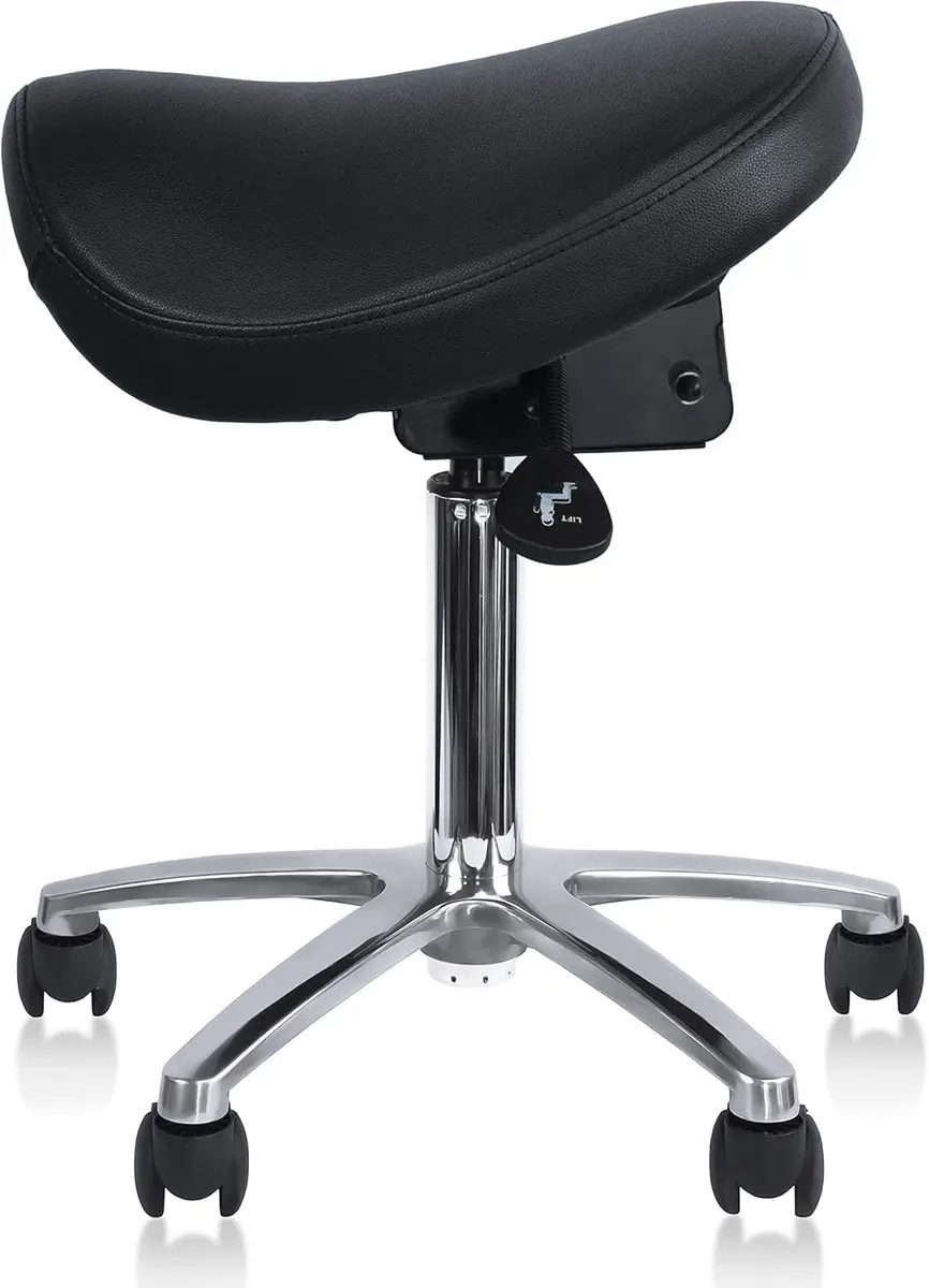 2xhome Ergonomic Saddle Stool | Backless Rolling Office Chair with Adjustable Height & Tilt, PU Leather, Foam Padding, Black with Wheels - view 7