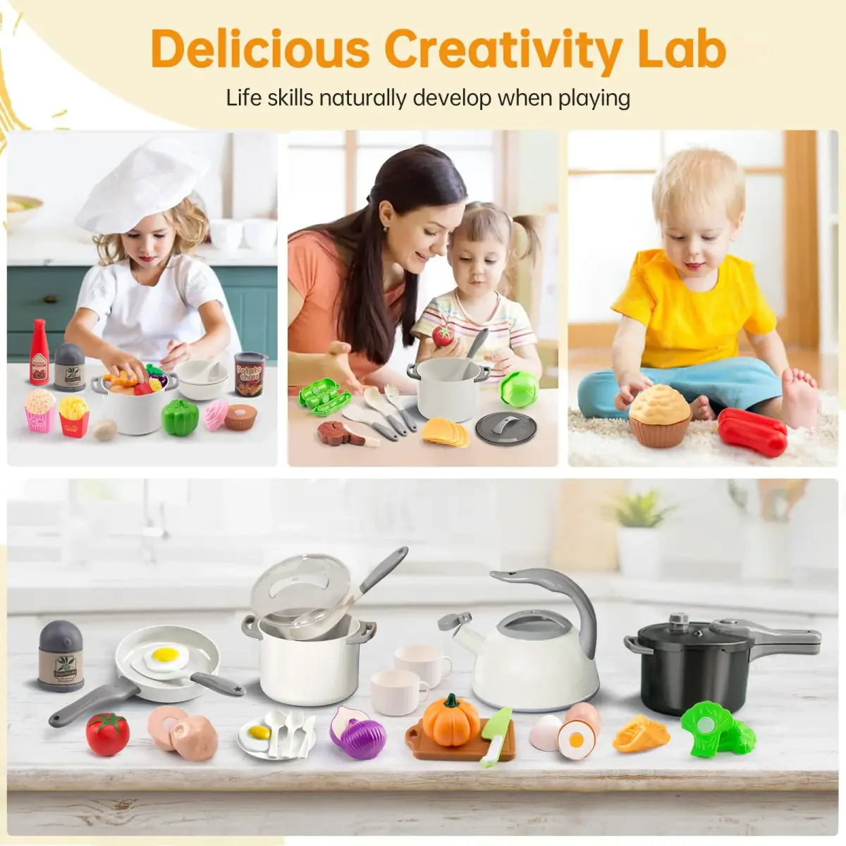 Funpynani 100-Piece Kitchen Playset with Apple Storage | Realistic Pretend Cooking Toy for Toddlers (White) - view 7