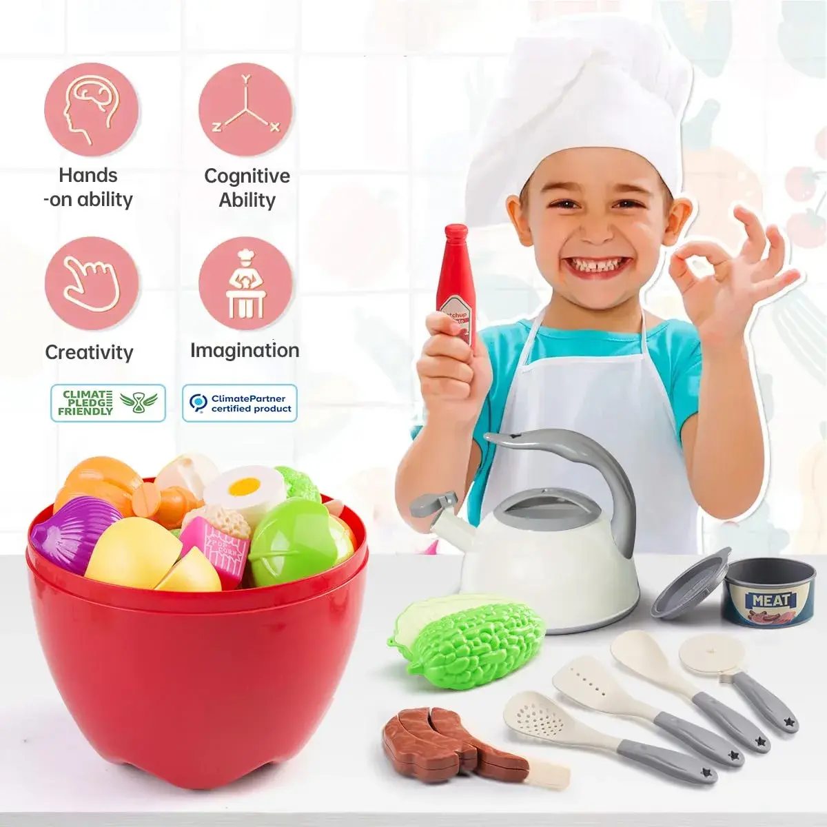 Funpynani 100-Piece Kitchen Playset with Apple Storage | Realistic Pretend Cooking Toy for Toddlers (White) - view 8