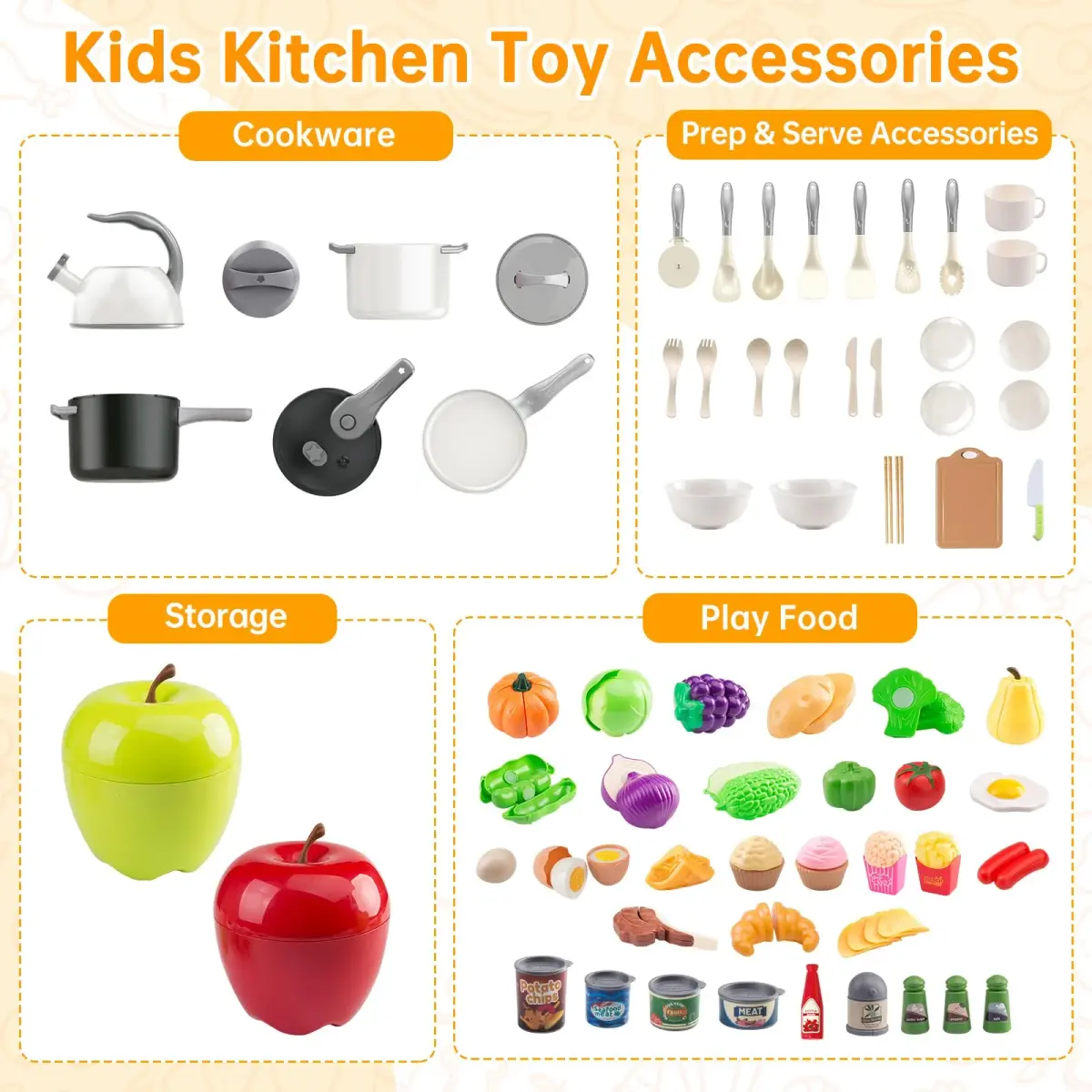 Funpynani 100-Piece Kitchen Playset with Apple Storage | Realistic Pretend Cooking Toy for Toddlers (White) - view 3