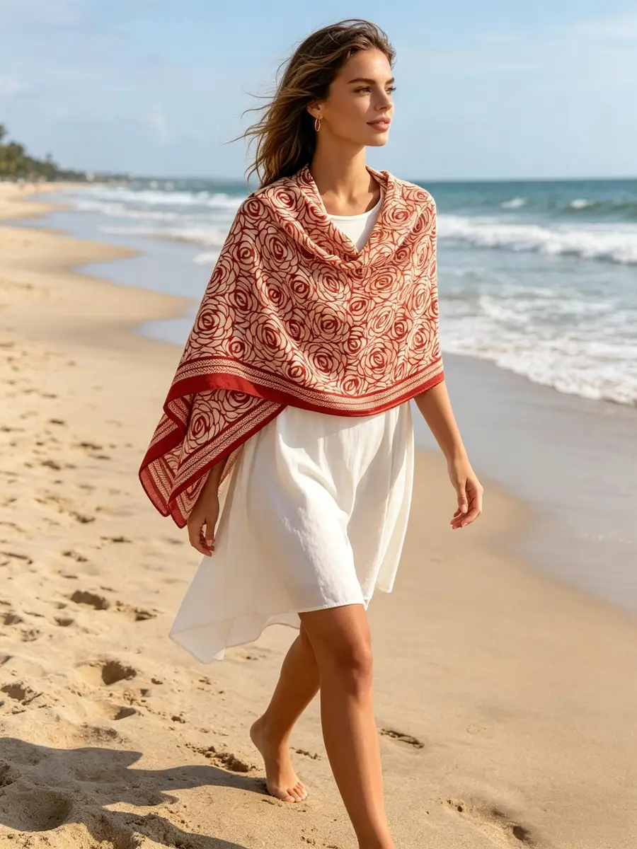 FairyCity Women's Oversized Soft Scarf Travel Shawl Wraps | Elegant Rose Pattern Linen, One Size - view 6