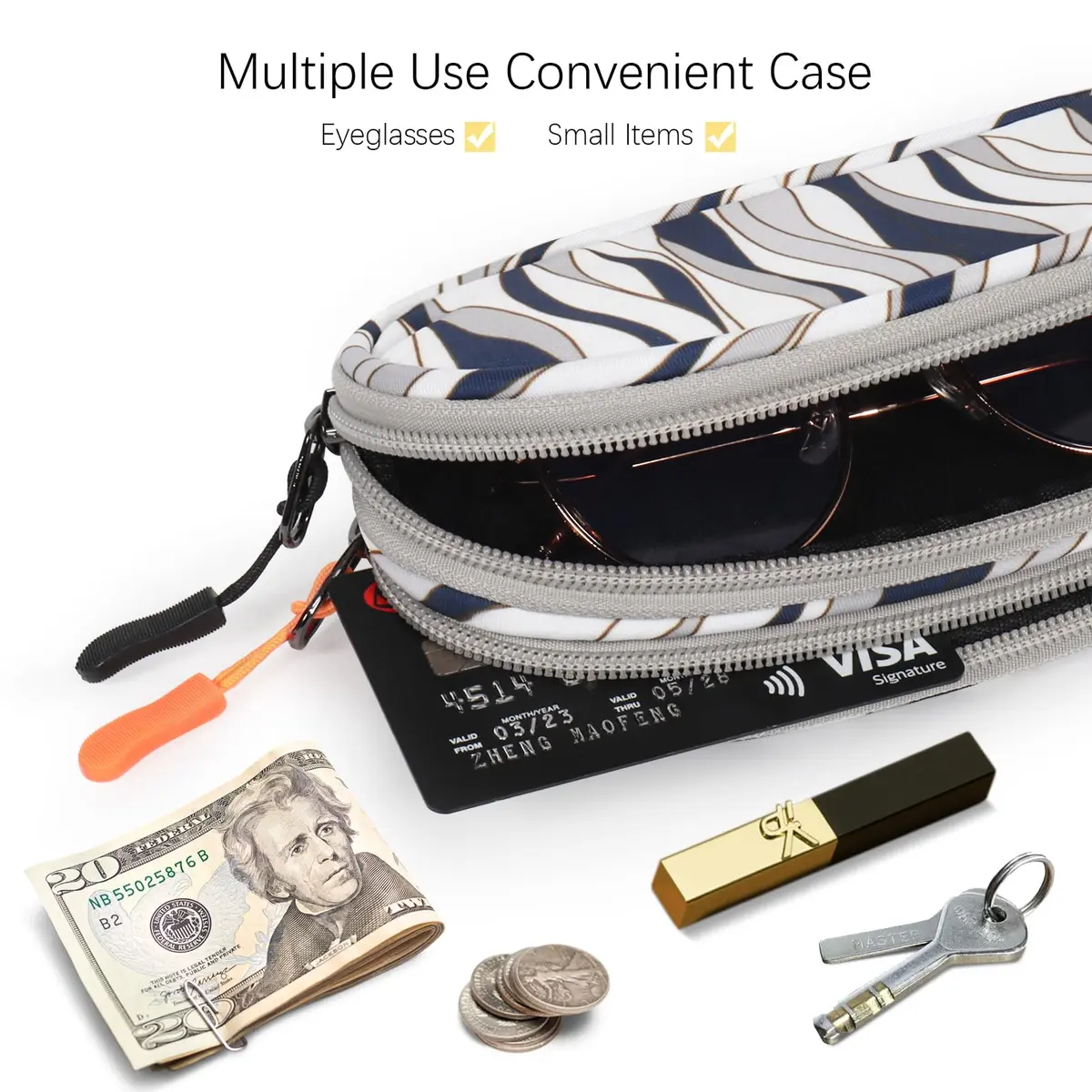 Tangoner Double Eyeglasses Case Gray Wave | Soft, Waterproof, Portable with Keychain (One Size) - view 5