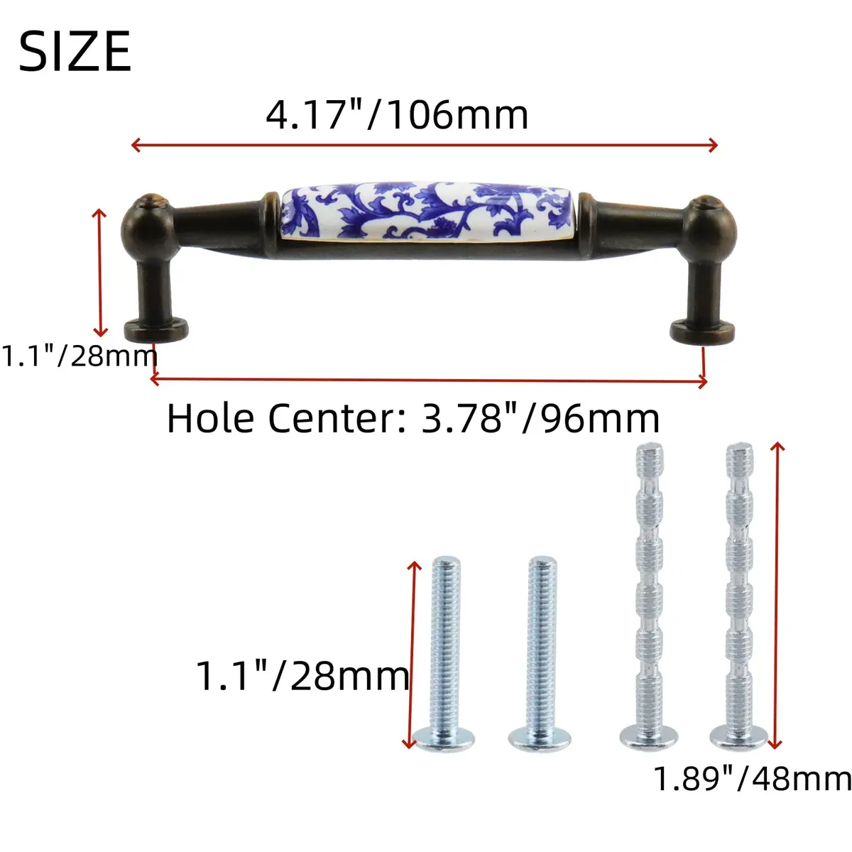 Mcredy Ceramic Cabinet Handles, Chinese-Style Blue White Porcelain, 4 Pcs | 96mm (3.78") Hole Distance - view 2
