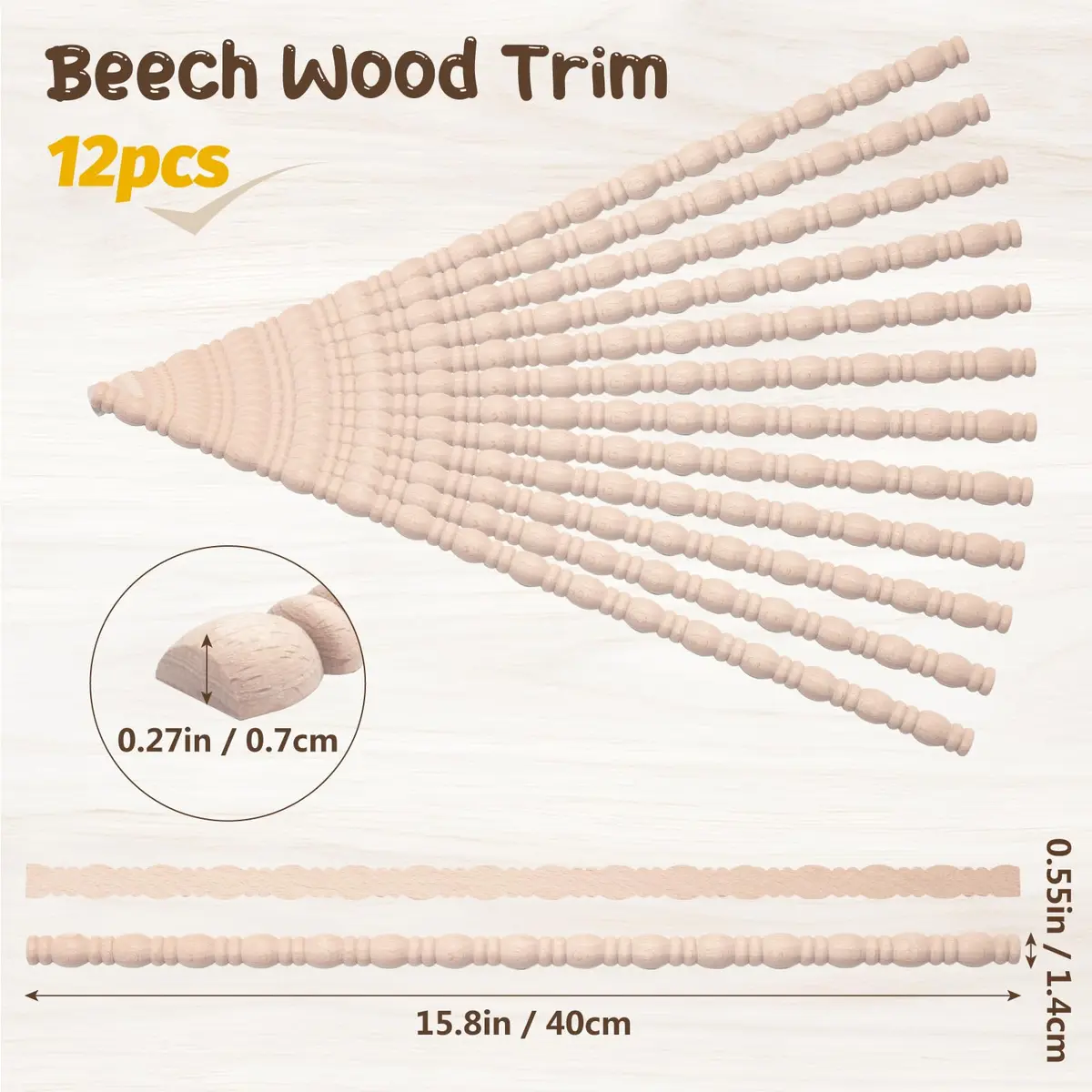 Coowayze Gourd Wood Trim Molding Decorative 12 PCS 40cm (15.8 inch) | Half Bead Design for Furniture & Walls - view 3