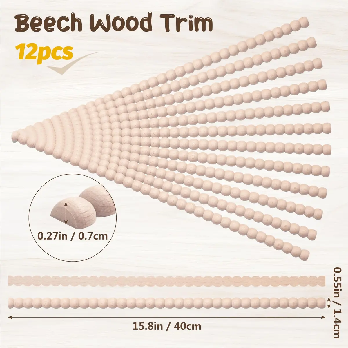 Coowayze Beaded Wood Trim Molding Decorative Strips, 12 PCS 40cm (15.8 inch) | Unfinished Beech Wood for Walls, Cabinets, Furniture - view 3