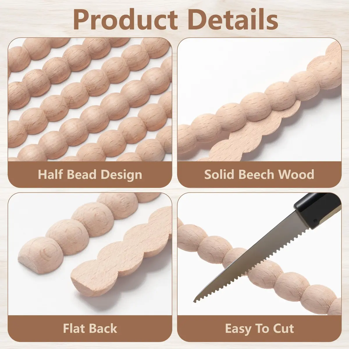 Coowayze Beaded Wood Trim Molding Decorative Strips, 12 PCS 40cm (15.8 inch) | Unfinished Beech Wood for Walls, Cabinets, Furniture - view 4