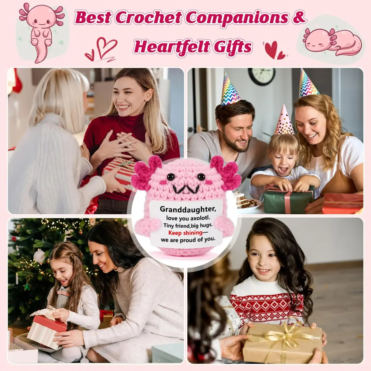 WEYON Mini Crochet Axolotl Plush 2 inches (W) x 3 inches (L) x 2 inches (H) | Granddaughter Gift with Proud Message - view 7