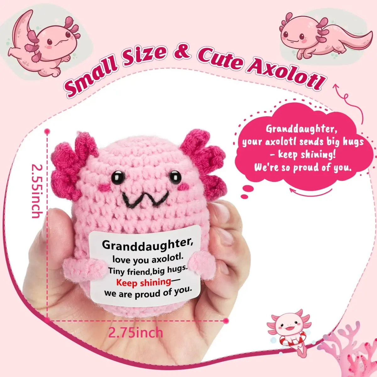 WEYON Mini Crochet Axolotl Plush 2 inches (W) x 3 inches (L) x 2 inches (H) | Granddaughter Gift with Proud Message - view 2