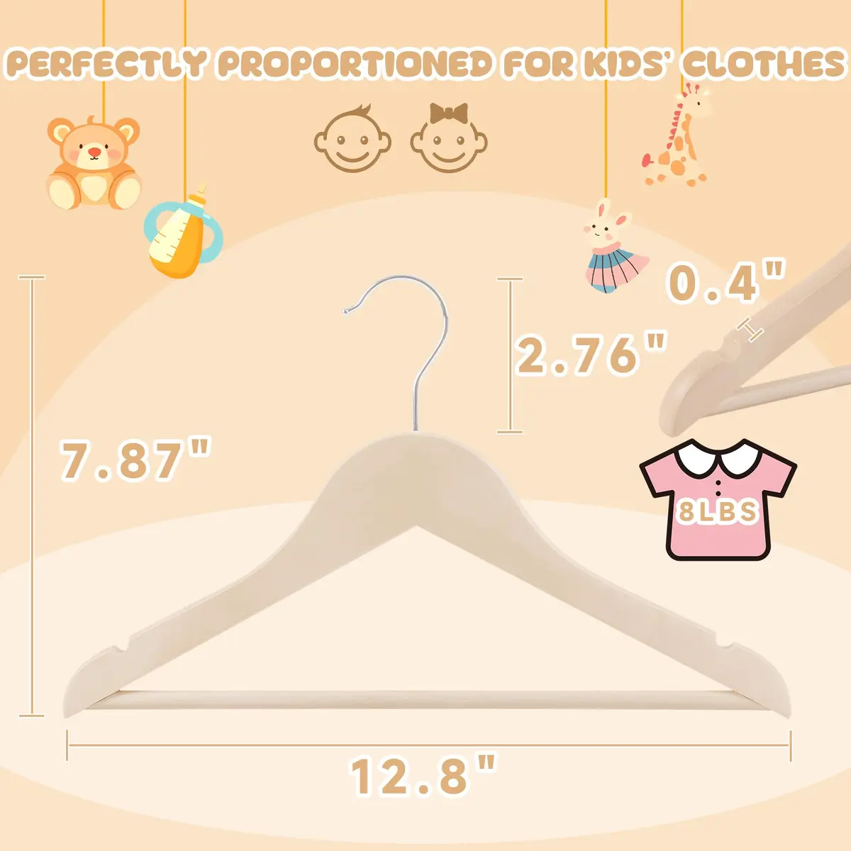 BP4U Kids Wooden Hangers with Pants Bar, Natural, 12-Pack | Space-Saving Child-Size Wooden Hangers - view 2
