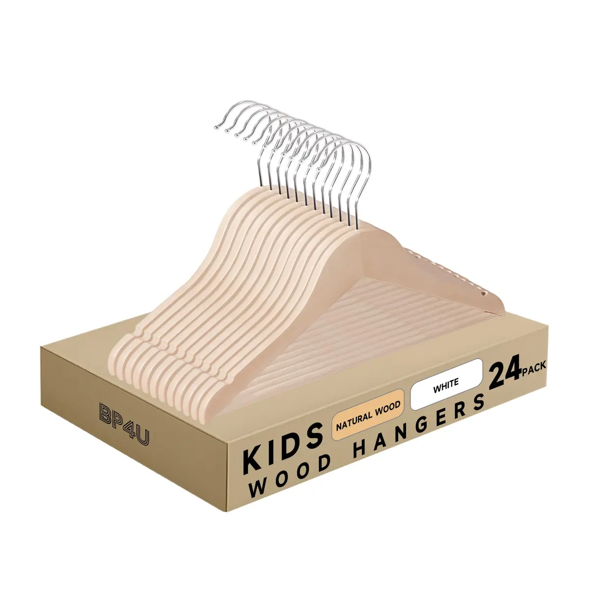 BP4U Kids Wooden Hangers with Pants Bar, Natural, 24-Pack | Space-Saving Child-Size Wooden Closet Organizers - main product image