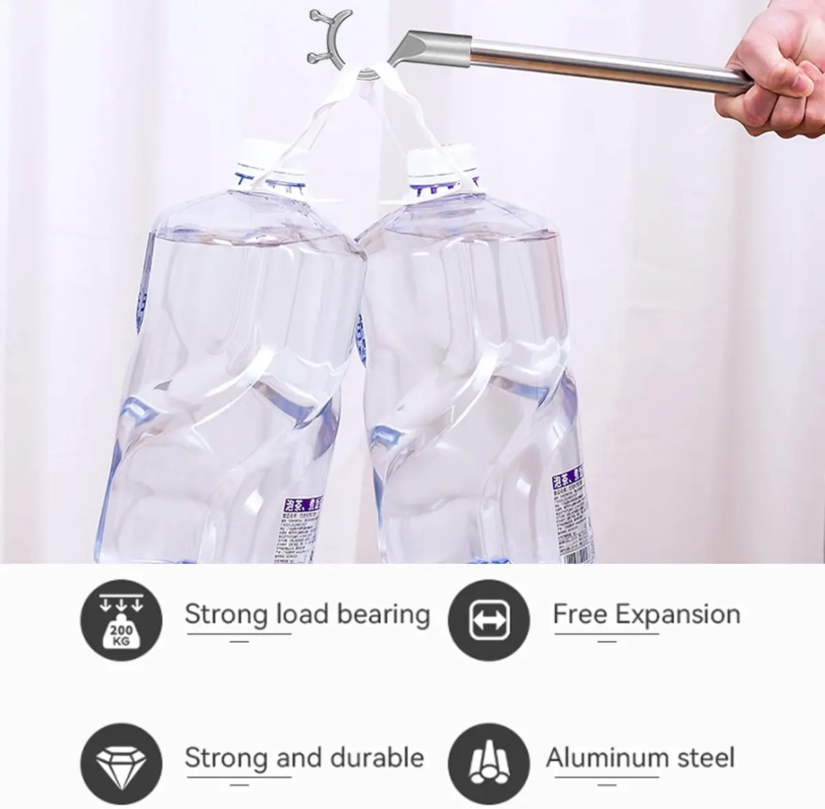 asunflower Extendable Clothes Pole Hook Gray 98cm-160cm (38.6"-63") | Heavy Duty Stainless Steel Reacher for Closets & Shelves - view 5