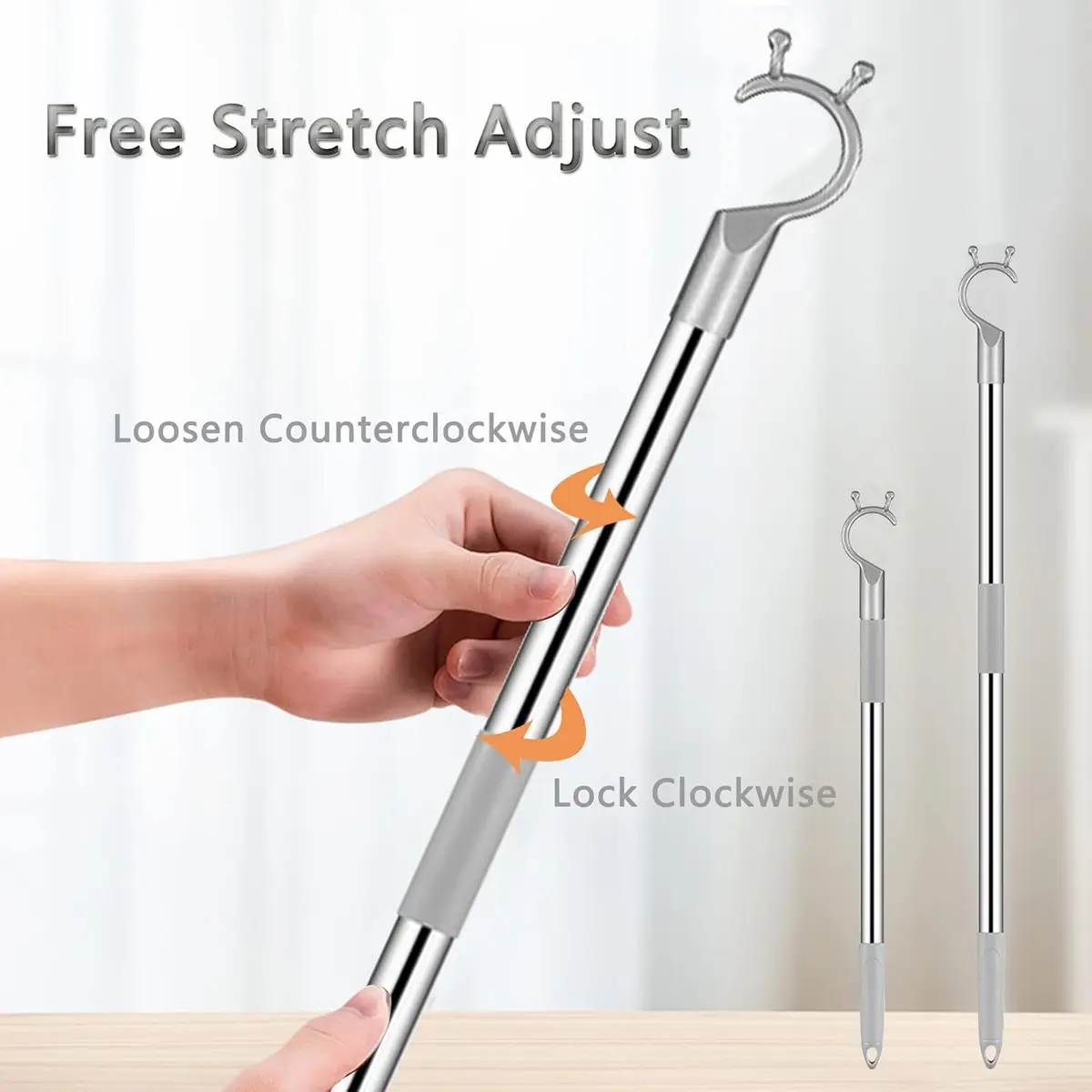 asunflower Extendable Clothes Pole Hook Gray 98cm-160cm (38.6"-63") | Heavy Duty Stainless Steel Reacher for Closets & Shelves - view 3