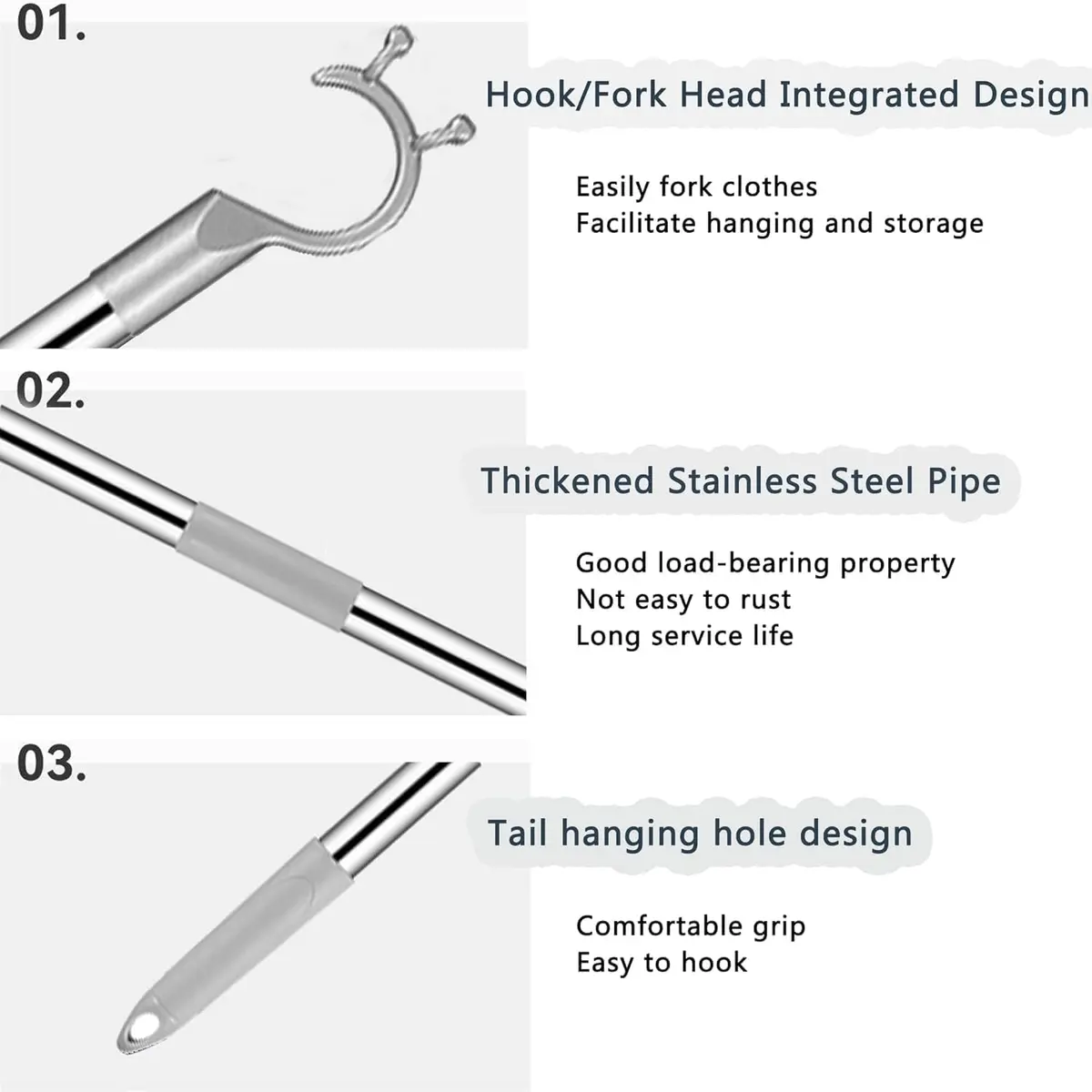 asunflower Extendable Clothes Pole Hook Gray 98cm-160cm (38.6"-63") | Heavy Duty Stainless Steel Reacher for Closets & Shelves - view 4