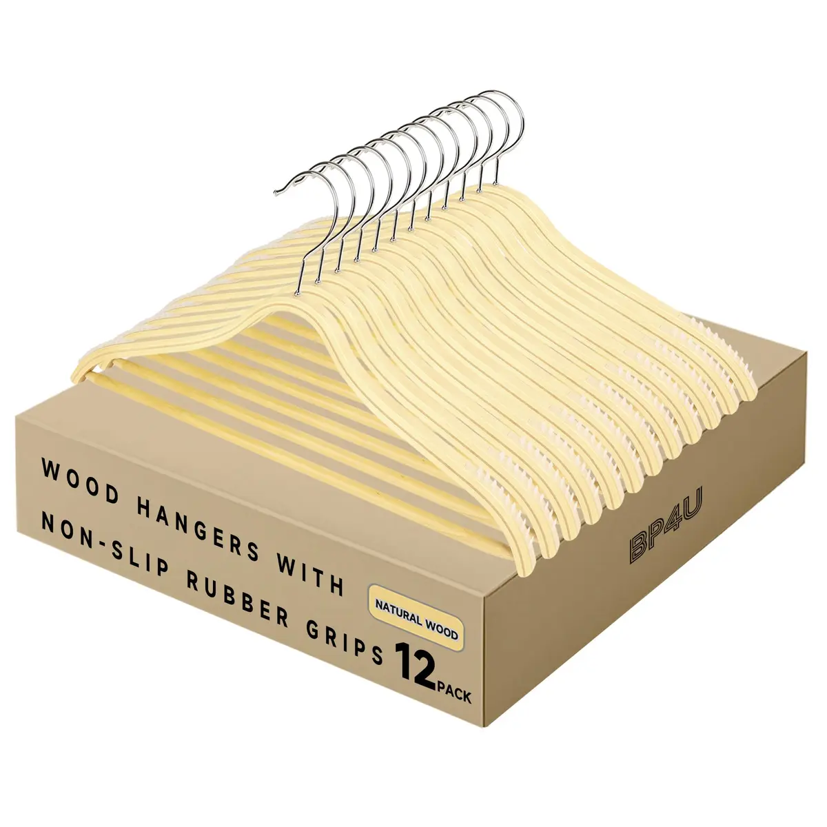 BP4U Slim Birch Wood Hangers with Non-Slip Rubber Strips 12-Pack | Space-Saving & Heavy Load Support - main product image